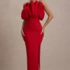 Set The Bar | Red Ruffled Strapless Split Maxi Dress