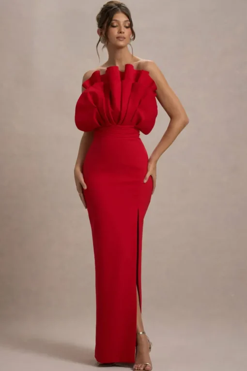 Set The Bar | Red Ruffled Strapless Split Maxi Dress