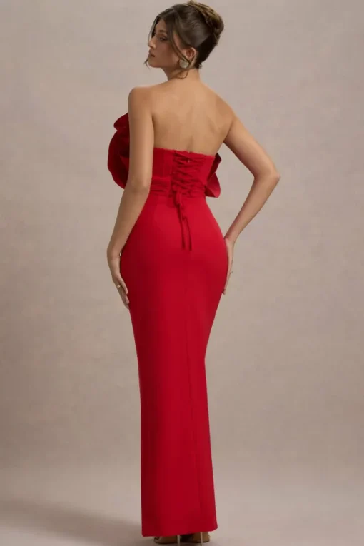 Set The Bar | Red Ruffled Strapless Split Maxi Dress