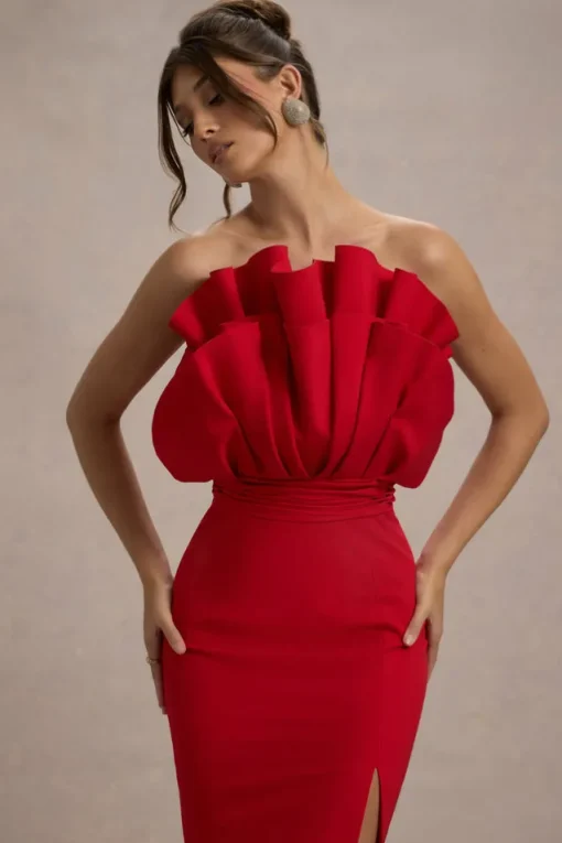 Set The Bar | Red Ruffled Strapless Split Maxi Dress
