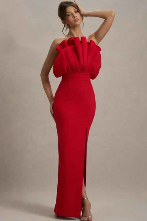 Set The Bar | Red Ruffled Strapless Split Maxi Dress