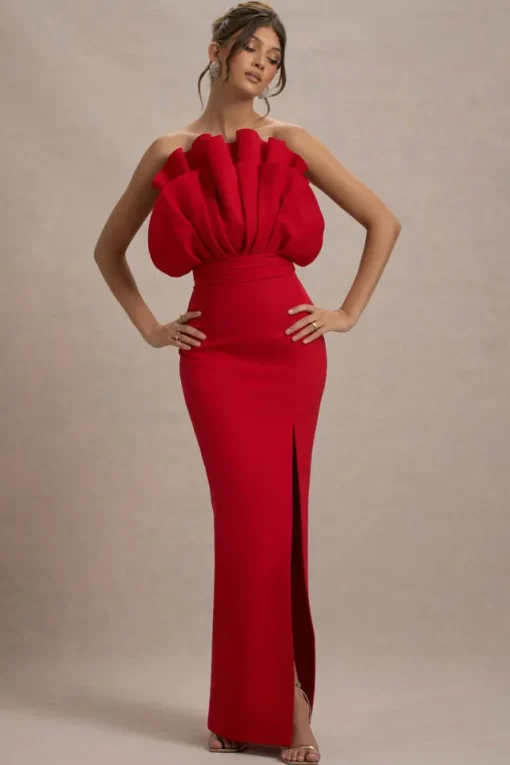 Set The Bar | Red Ruffled Strapless Split Maxi Dress