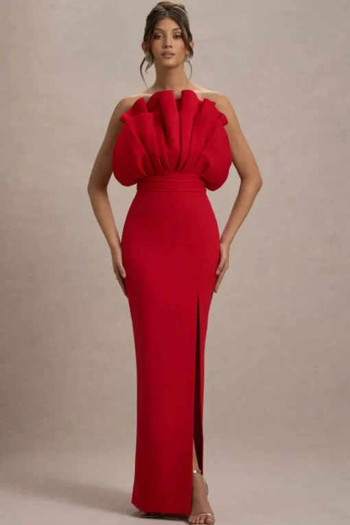 Set The Bar | Red Ruffled Strapless Split Maxi Dress