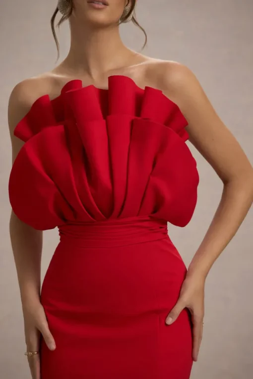 Set The Bar | Red Ruffled Strapless Split Maxi Dress