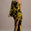 Sevilla | Mustard Print Satin Jacquard One Sleeve Ruffled Split Maxi Dress