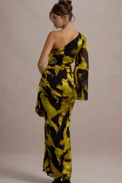 Sevilla | Mustard Print Satin Jacquard One Sleeve Ruffled Split Maxi Dress