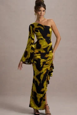 Sevilla | Mustard Print Satin Jacquard One Sleeve Ruffled Split Maxi Dress
