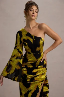Sevilla | Mustard Print Satin Jacquard One Sleeve Ruffled Split Maxi Dress