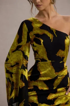 Sevilla | Mustard Print Satin Jacquard One Sleeve Ruffled Split Maxi Dress