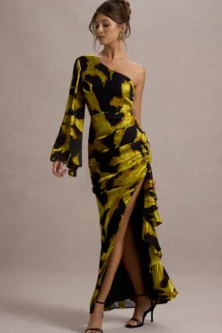 Sevilla | Mustard Print Satin Jacquard One Sleeve Ruffled Split Maxi Dress