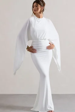 Shea | White High-Neck Cape Sleeve Maxi Dress