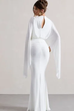 Shea | White High-Neck Cape Sleeve Maxi Dress