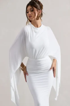 Shea | White High-Neck Cape Sleeve Maxi Dress