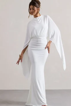 Shea | White High-Neck Cape Sleeve Maxi Dress