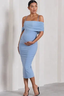 Shelby | Powder Blue Mesh Bardot Strappy Maternity Midi Dress