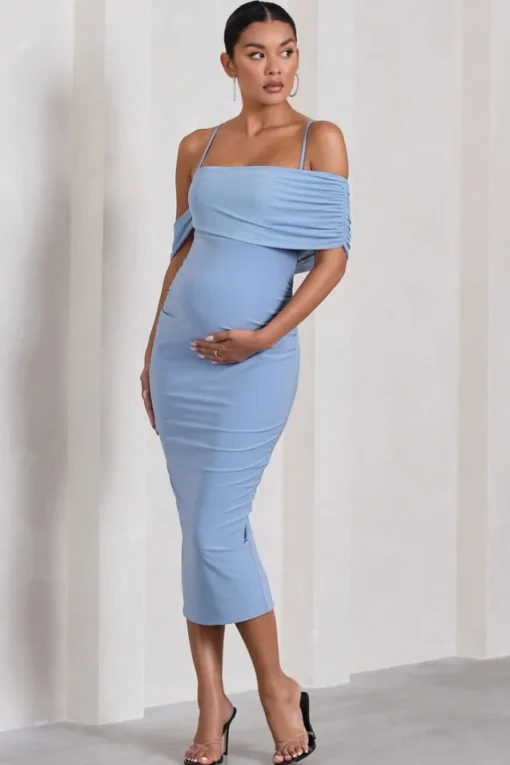 Shelby | Powder Blue Mesh Bardot Strappy Maternity Midi Dress