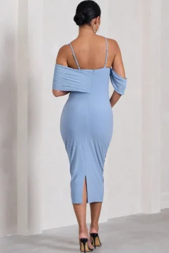 Shelby | Powder Blue Mesh Bardot Strappy Maternity Midi Dress