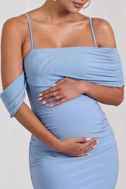 Shelby | Powder Blue Mesh Bardot Strappy Maternity Midi Dress