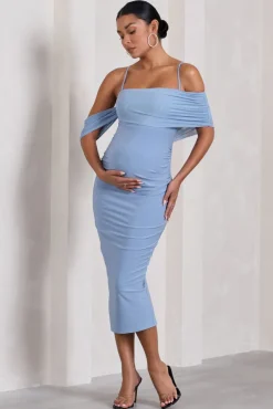 Shelby | Powder Blue Mesh Bardot Strappy Maternity Midi Dress