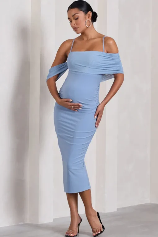Shelby | Powder Blue Mesh Bardot Strappy Maternity Midi Dress