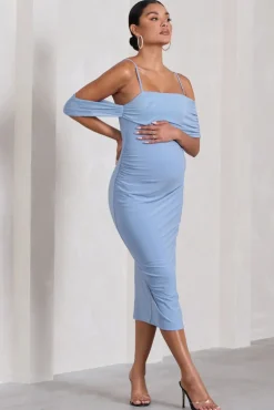 Shelby | Powder Blue Mesh Bardot Strappy Maternity Midi Dress