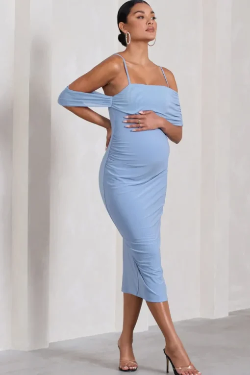 Shelby | Powder Blue Mesh Bardot Strappy Maternity Midi Dress