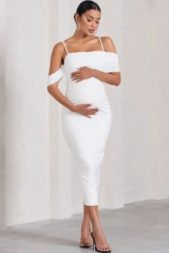 Shelby | White Mesh Bardot Strappy Maternity Midi Dress