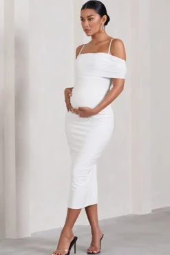 Shelby | White Mesh Bardot Strappy Maternity Midi Dress