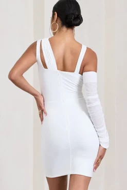 She's Electric | White One Shoulder Ruched Mesh Mini Dress