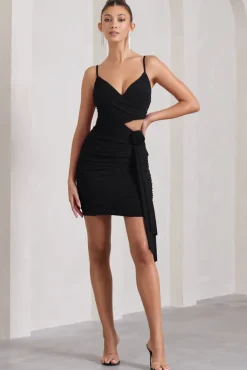 She's Here | Black Strappy Mini Dress With Flower u0026 Drape