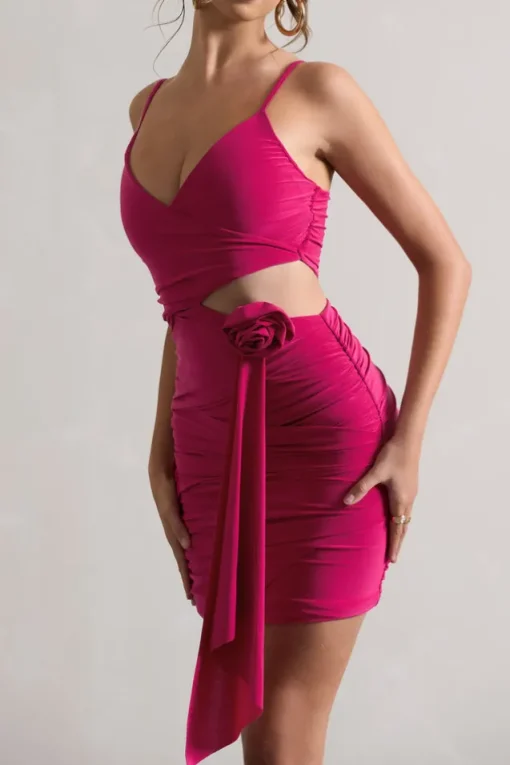 She's Here | Hot Pink Strappy Mini Dress With Flower u0026 Drape