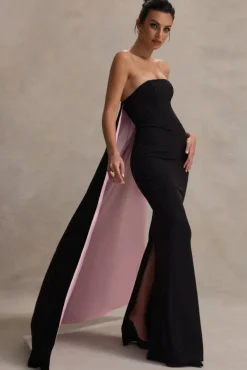She's Trouble | Black Bandeau Maxi Dress With Pink Cape