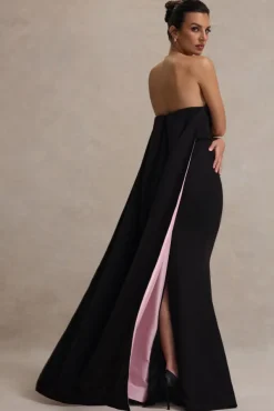 She's Trouble | Black Bandeau Maxi Dress With Pink Cape