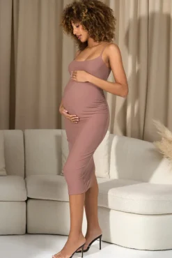 Shiloh | Warm Taupe Strappy Split Maternity Midi Dress