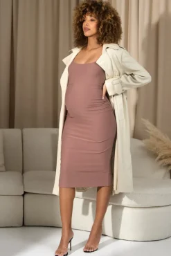 Shiloh | Warm Taupe Strappy Split Maternity Midi Dress