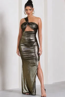 Shimmer | Gold Metallic Asymmetric Maxi Dress With Knotted Strap