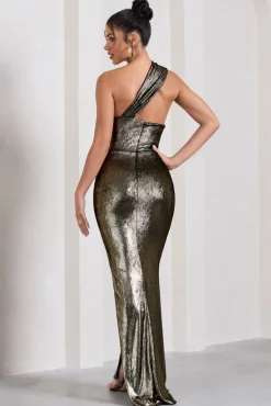 Shimmer | Gold Metallic Asymmetric Maxi Dress With Knotted Strap