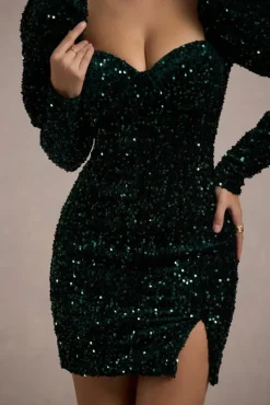 Shine Bright | Bottle Green Sequin Mini Dress With Puff Sleeves