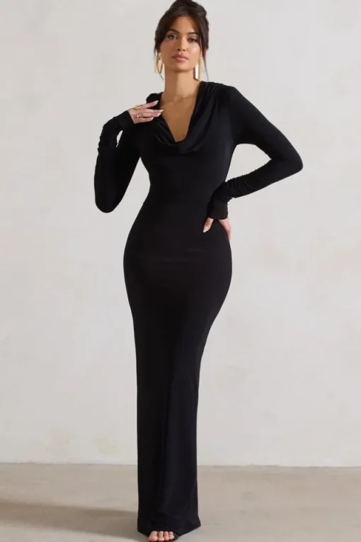 Shira | Black Long-Sleeve Hooded Maxi Dress