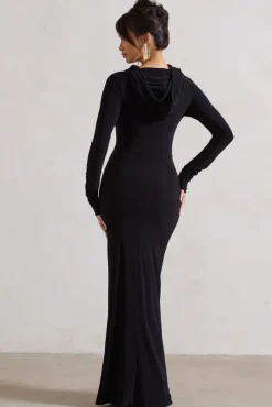 Shira | Black Long-Sleeve Hooded Maxi Dress