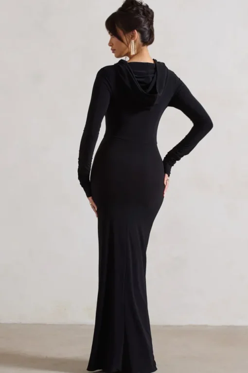 Shira | Black Long-Sleeve Hooded Maxi Dress