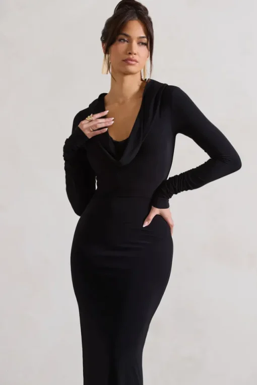 Shira | Black Long-Sleeve Hooded Maxi Dress