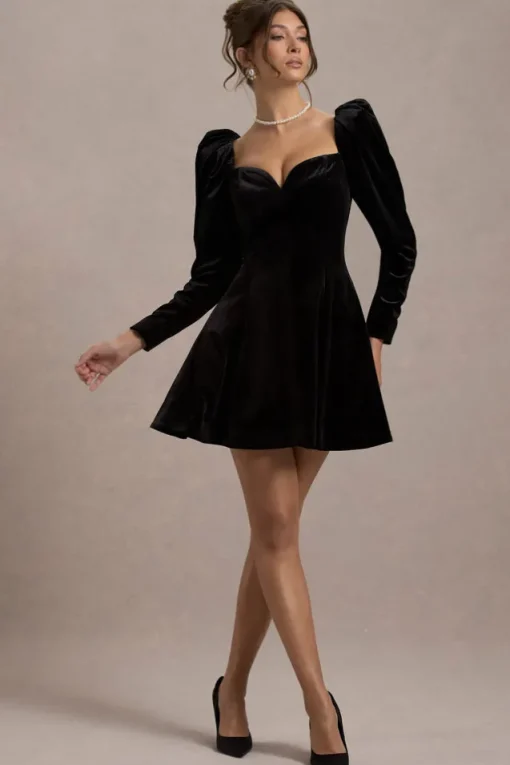 Shirley | Black Velvet Sweetheart Puff-Sleeve Mini Dress