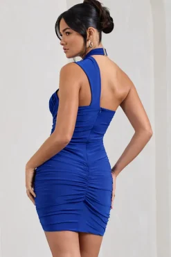 Shockwaves | Cobalt Blue Ruched Strappy Halter-Neck Mini Dress