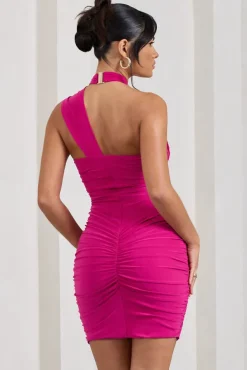 Shockwaves | Fuchsia Pink Ruched Strappy Halter-Neck Mini Dress
