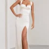 Showpiece | Cream Satin Corset Split Maxi Dress