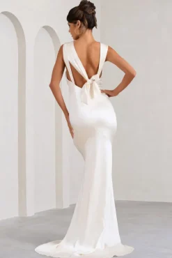 Showpiece | Cream Satin Corset Split Maxi Dress