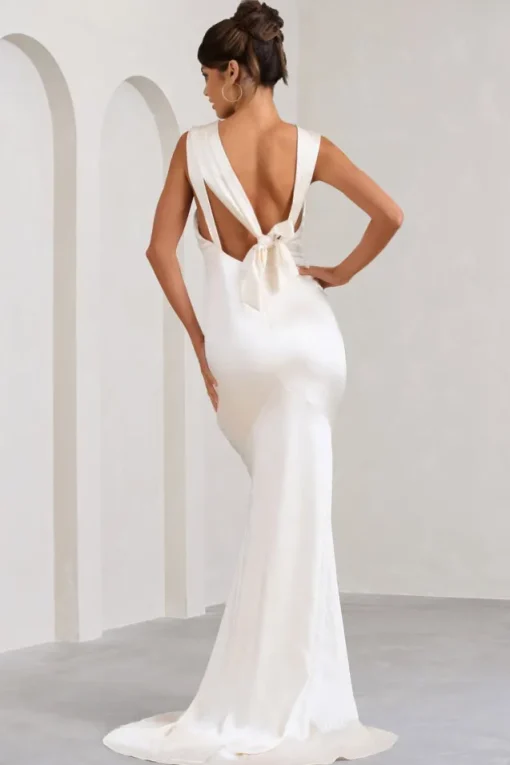Showpiece | Cream Satin Corset Split Maxi Dress