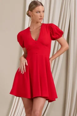 Si Si | Red V-Neck Puff-Sleeved Buttoned Mini Dress