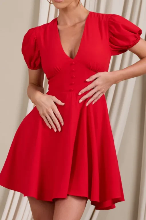 Si Si | Red V-Neck Puff-Sleeved Buttoned Mini Dress